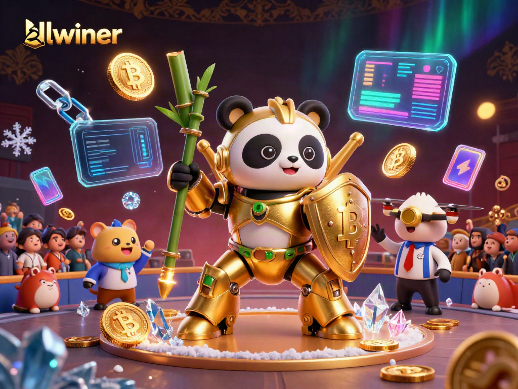 Engage in thrilling games at llwiner with golden panda mech-suit in dramatic casino arena.
