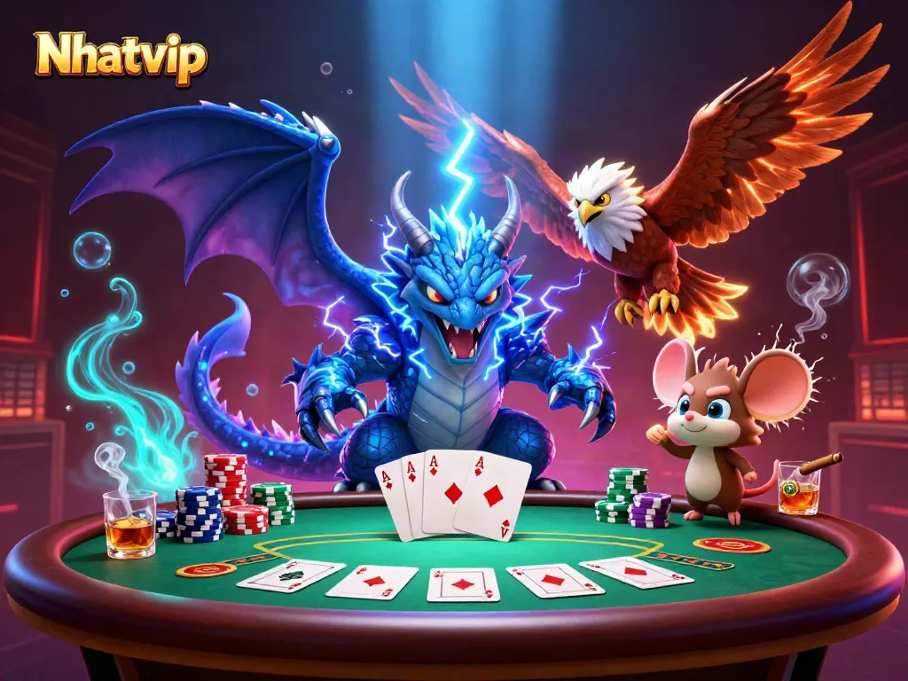 Experience Nhatvip with thrilling poker action featuring a dynamic dragon and hawk in an electrifying atmosphere.