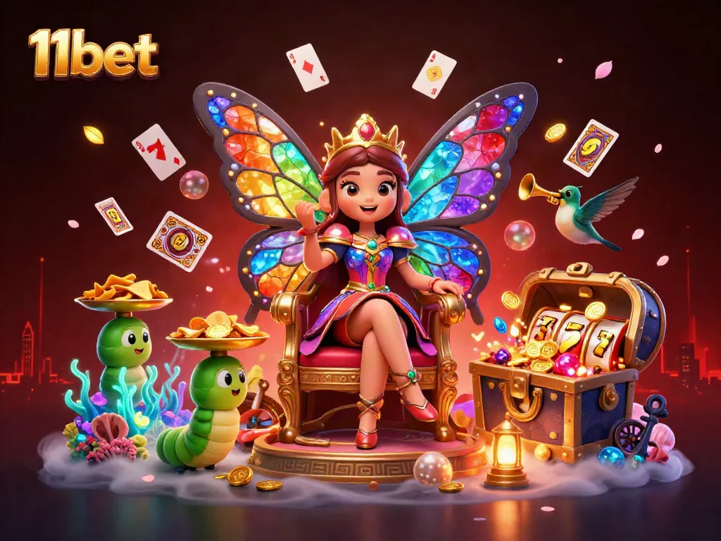 Experience 11bet's vibrant casino universe with a butterfly queen and dynamic gaming elements in an enchanting scene.