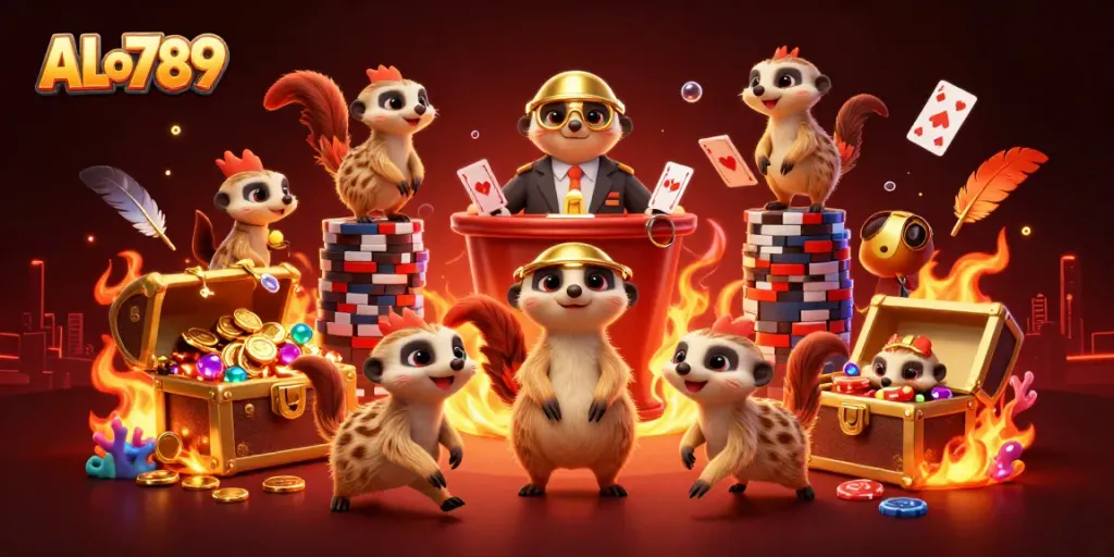 Experience thrilling cockfighting action at ALo789 with a lively meerkat casino scene filled with excitement.