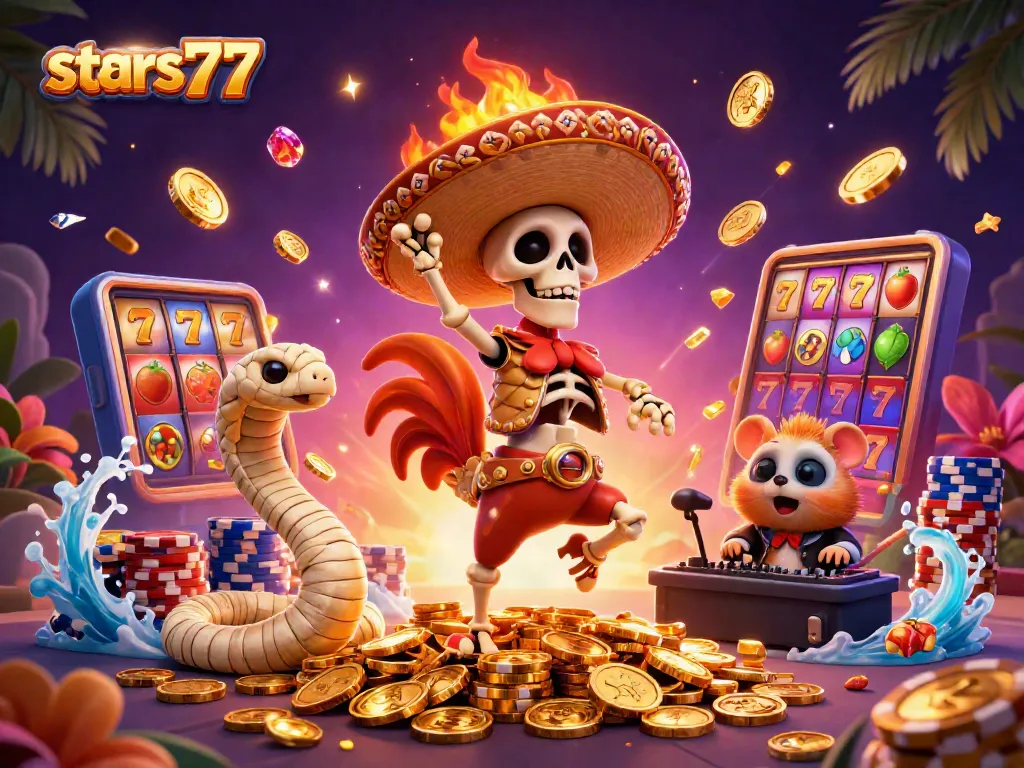 Menangkan jackpot di stars77 saat skeleton rooster berdansa di tumpukan koin emas.