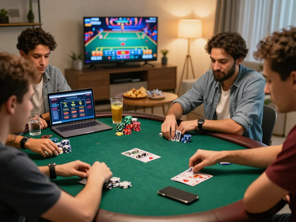 Giovani amici si divertono con una lista casino online non AAMS mentre giocano a poker in un accogliente salotto.