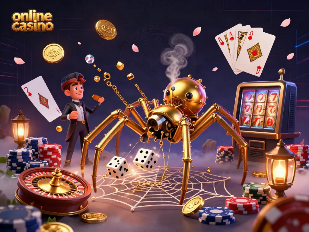 Experience an online casino scene with a steampunk spider, golden coins, and a Victorian fly.