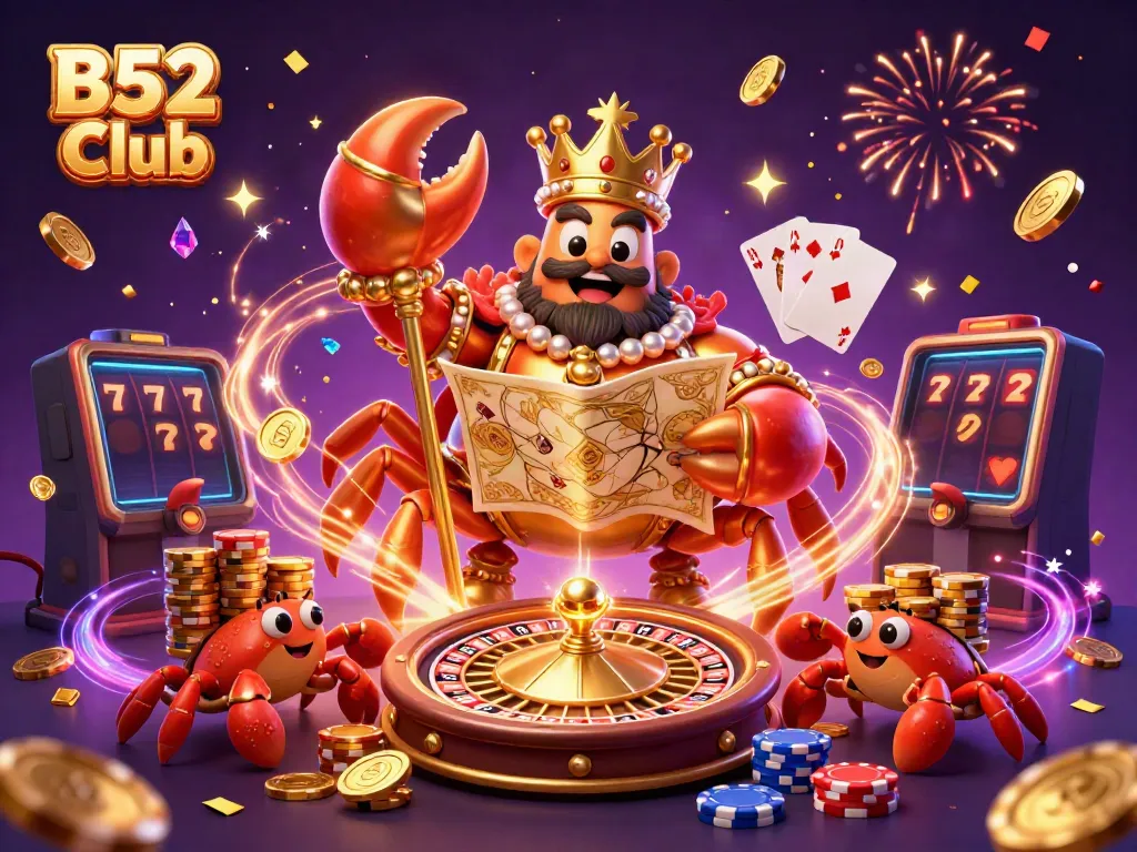 B52 Club showcases a vibrant casino scene with a golden crab emperor and game elements.