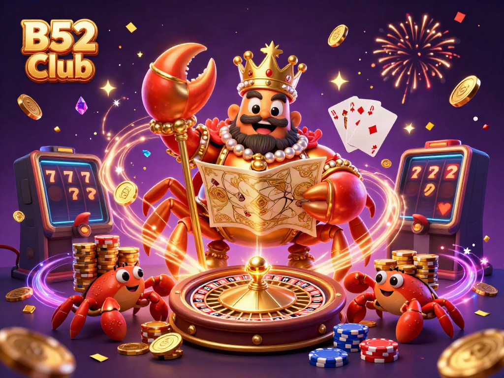 B52 Club showcases a vibrant casino scene with a golden crab emperor and game elements.