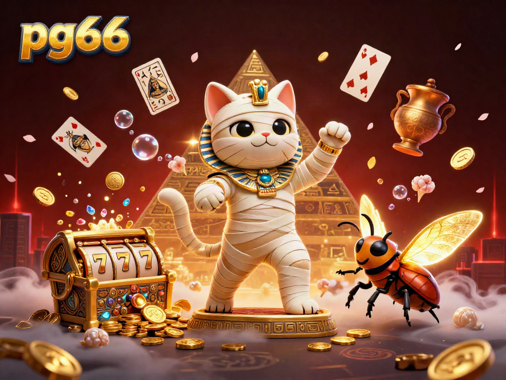 Experience excitement at pg66 with a mummy cat amidst casino treasures and floating cards.