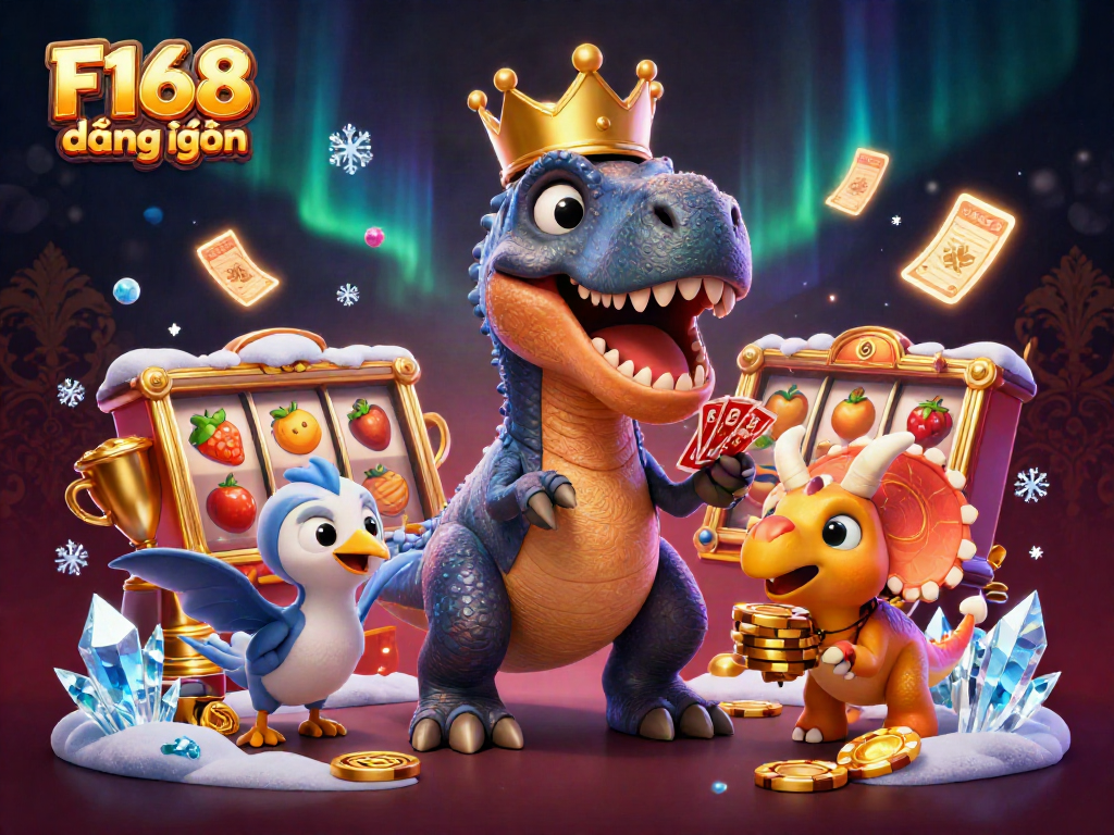 Experience F168 đăng nhập with vibrant casino elements in a dynamic 3D illustration featuring playful dinosaurs.