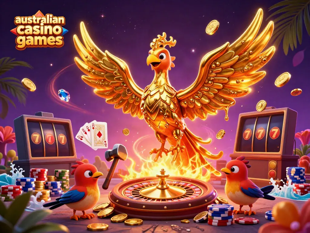 Experience the excitement of australian casino games with a golden phoenix and dynamic casino elements.