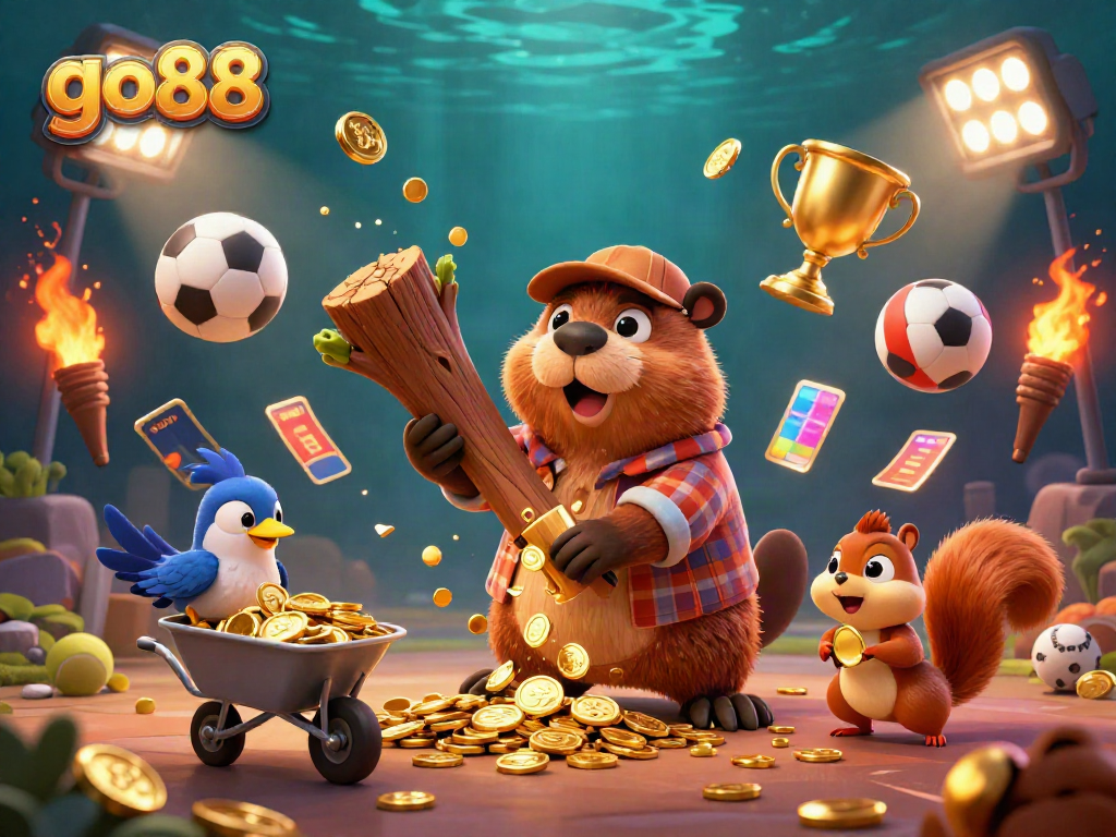 Engage with go88's thrilling rewards as a lumberjack beaver chops a tree raining gold coins in a vibrant casino scene.