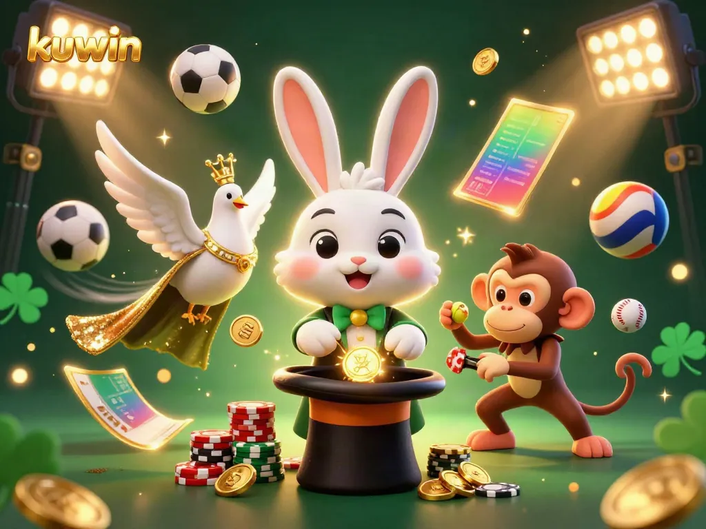 Kuwin's rabbit magician conjures coins, surrounded by vibrant sports and casino elements, in a festive digital illustration.