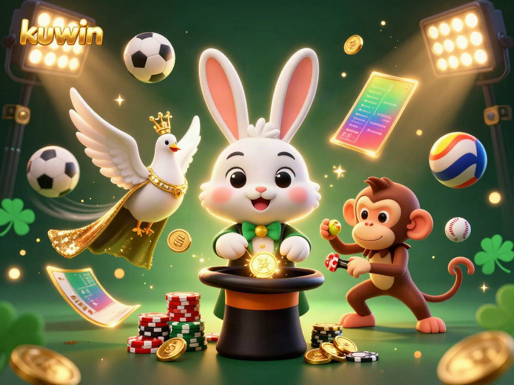 Kuwin's rabbit magician conjures coins, surrounded by vibrant sports and casino elements, in a festive digital illustration.