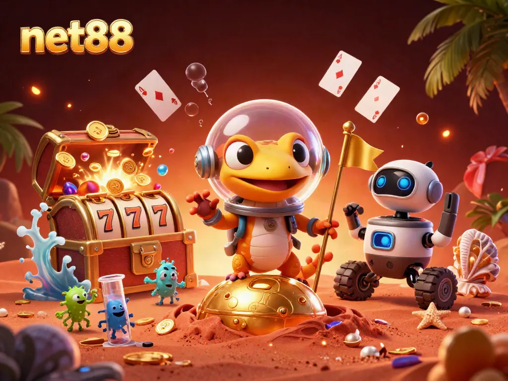 Engage in thrilling games at net88 with Martian gecko and robot rover at a golden casino adventure.