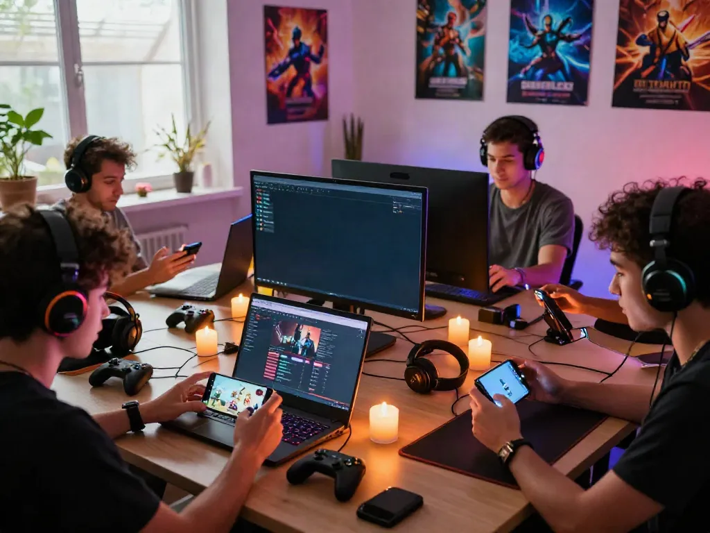 A80 gaming scene with diverse players engaged in online gaming, showcasing devices, colorful LED lights, and a dynamic atmosphere.