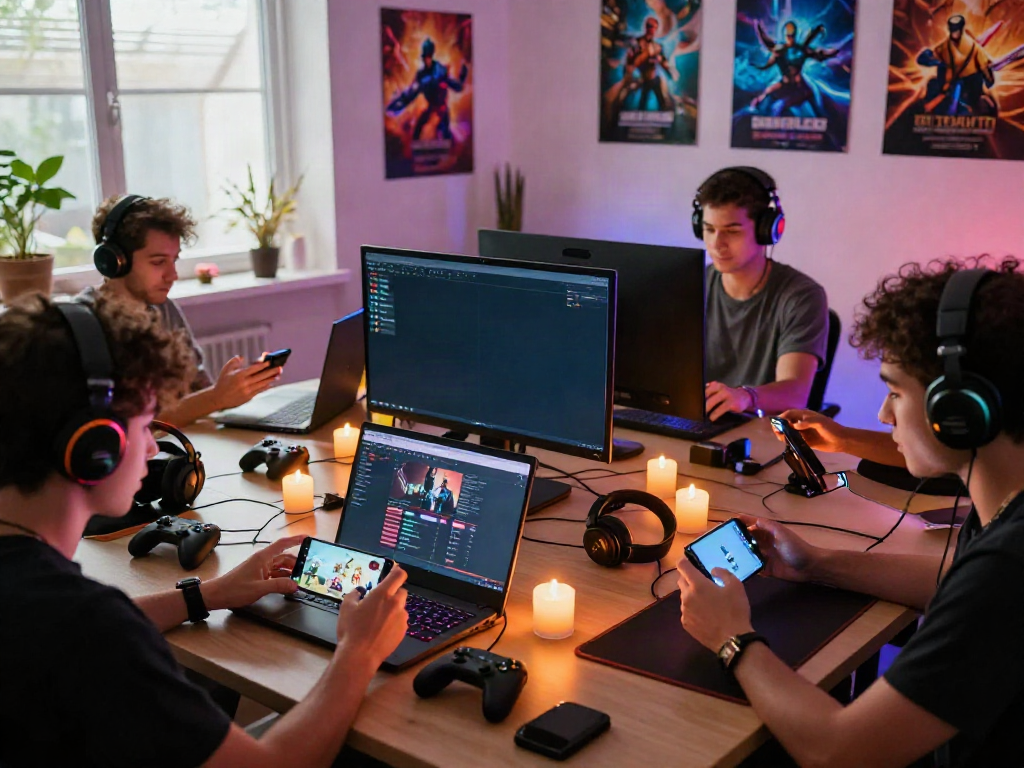 A80 gaming scene with diverse players engaged in online gaming, showcasing devices, colorful LED lights, and a dynamic atmosphere.