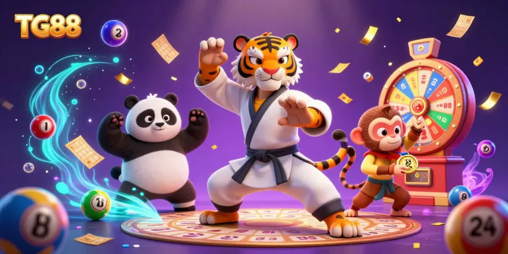 Join the excitement at TG88 with a lively scene of a kung fu tiger master amidst a gambling extravaganza.
