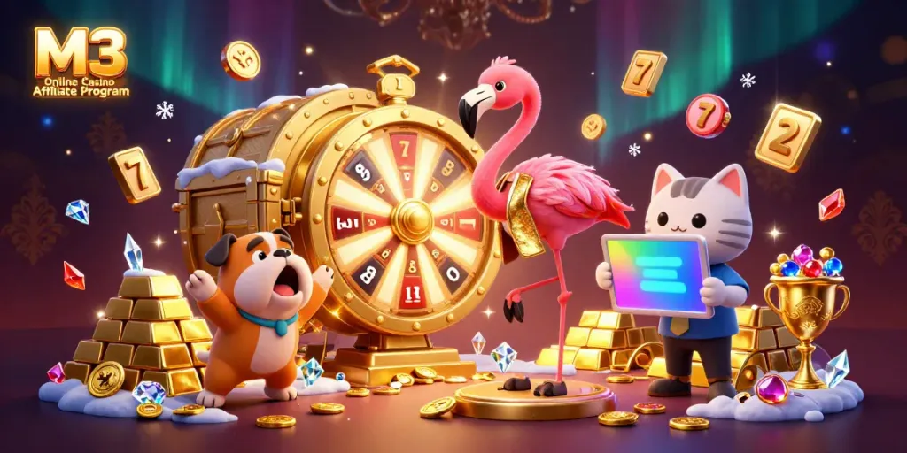 Experience the M3 Online Casino Affiliate Program with thrilling gameplay in this vibrant 3D scene.