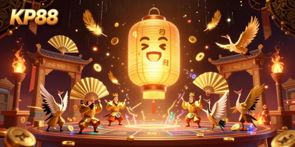 Engage with KP88's vibrant casino world featuring a glowing lantern spirit and golden symbols.