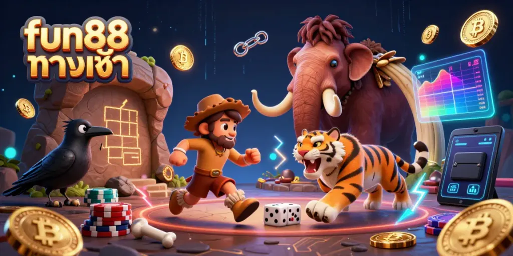 Experience fun88 ทางเข้า in a vibrant prehistoric casino illustration with unique characters and glowing cryptocurrency.